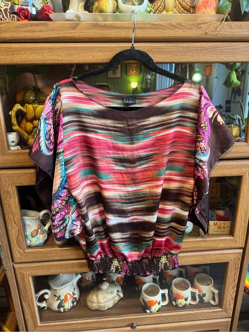 Misook Multicolor Striped Scoop-Neck Blouse with Floral Flutter Sleeves